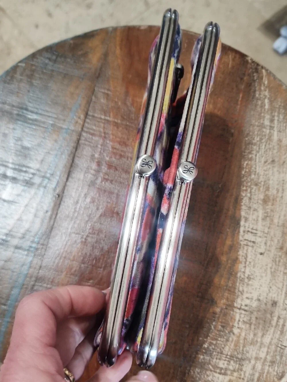 Hobo Magnetic Floral Print Clutch Fold Wallet Purple Multicolor Leather